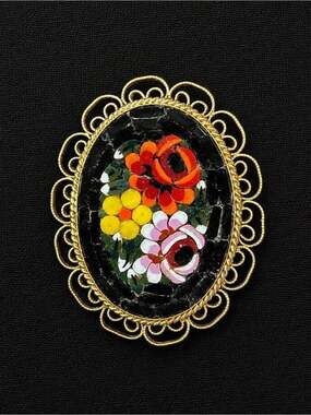 Vintage Floral Mosaic Brooch Gold Tone